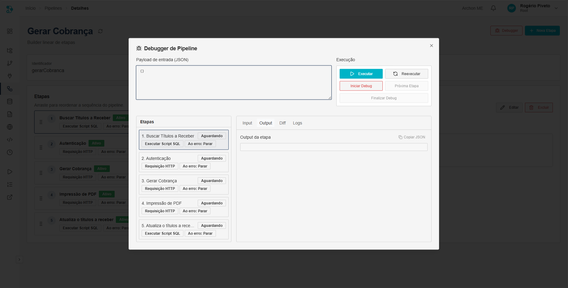 Tela de debug de pipelines