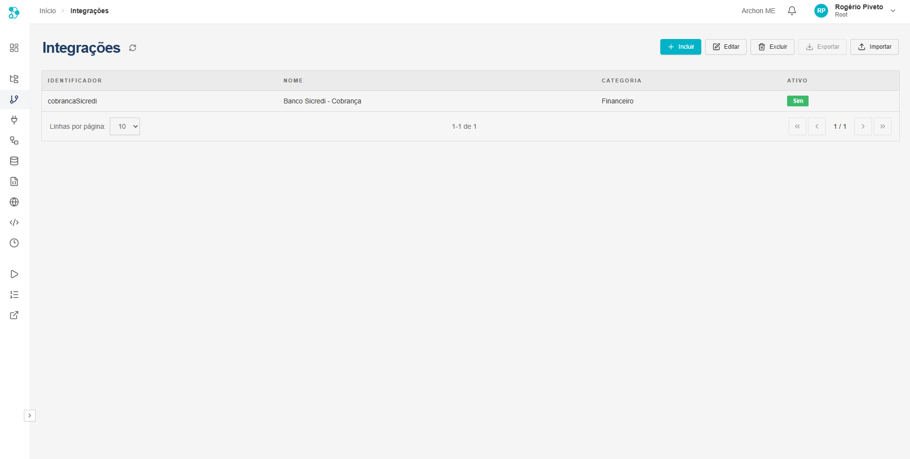 Tela de integrações