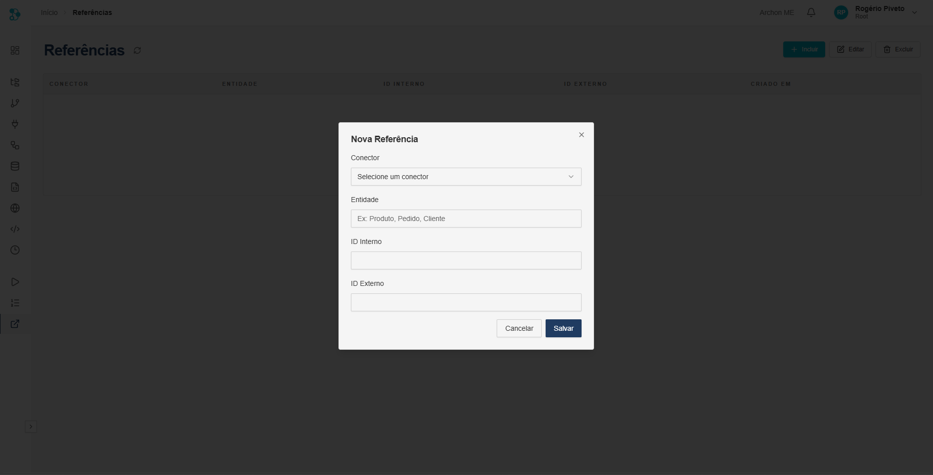 Tela de referências